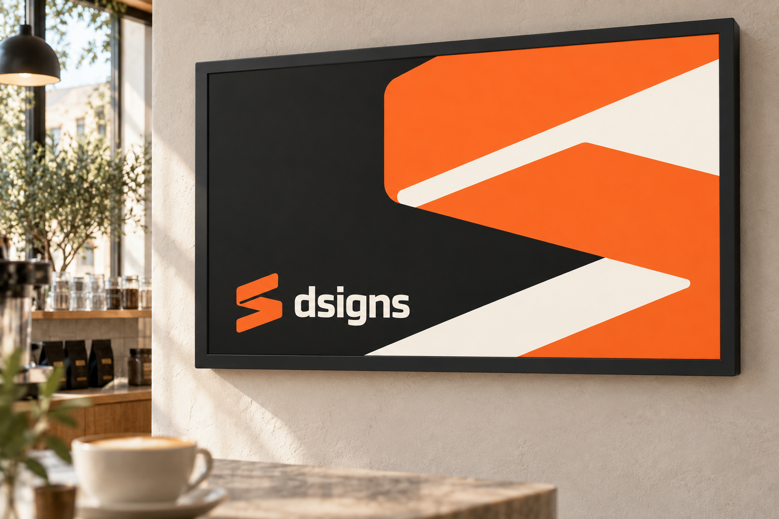 Illustrative café display with orange and cream dsigns artwork